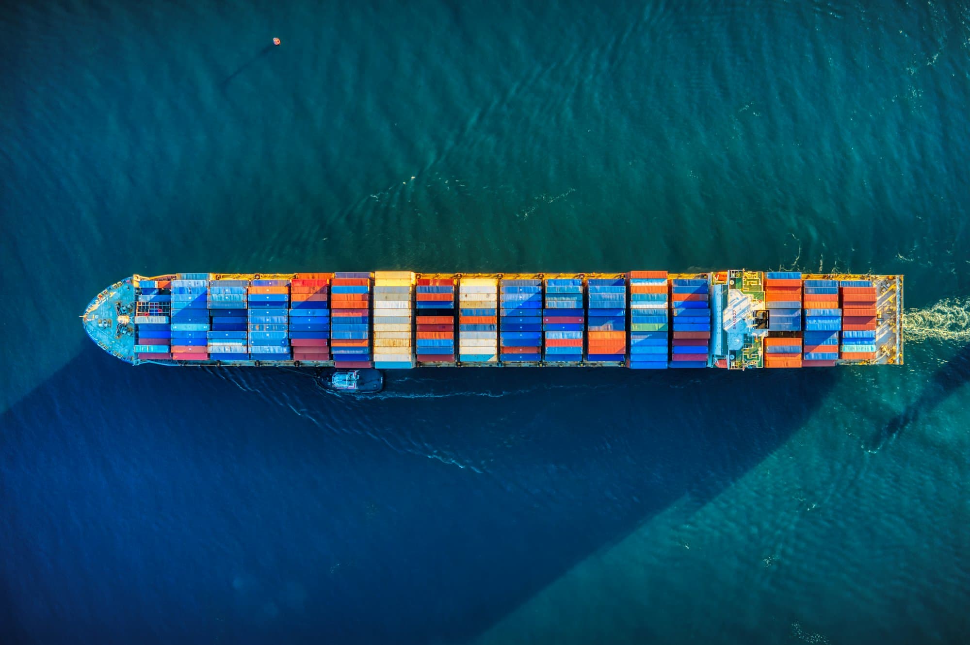 Container ship at sea, seen from above