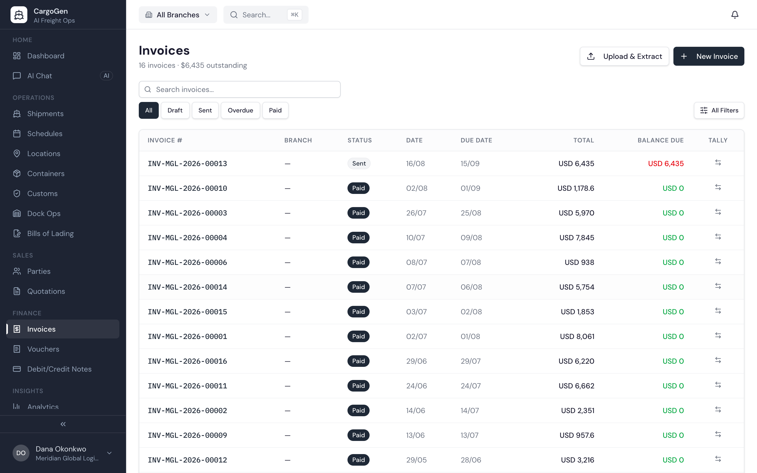 CargoGen Finance screen