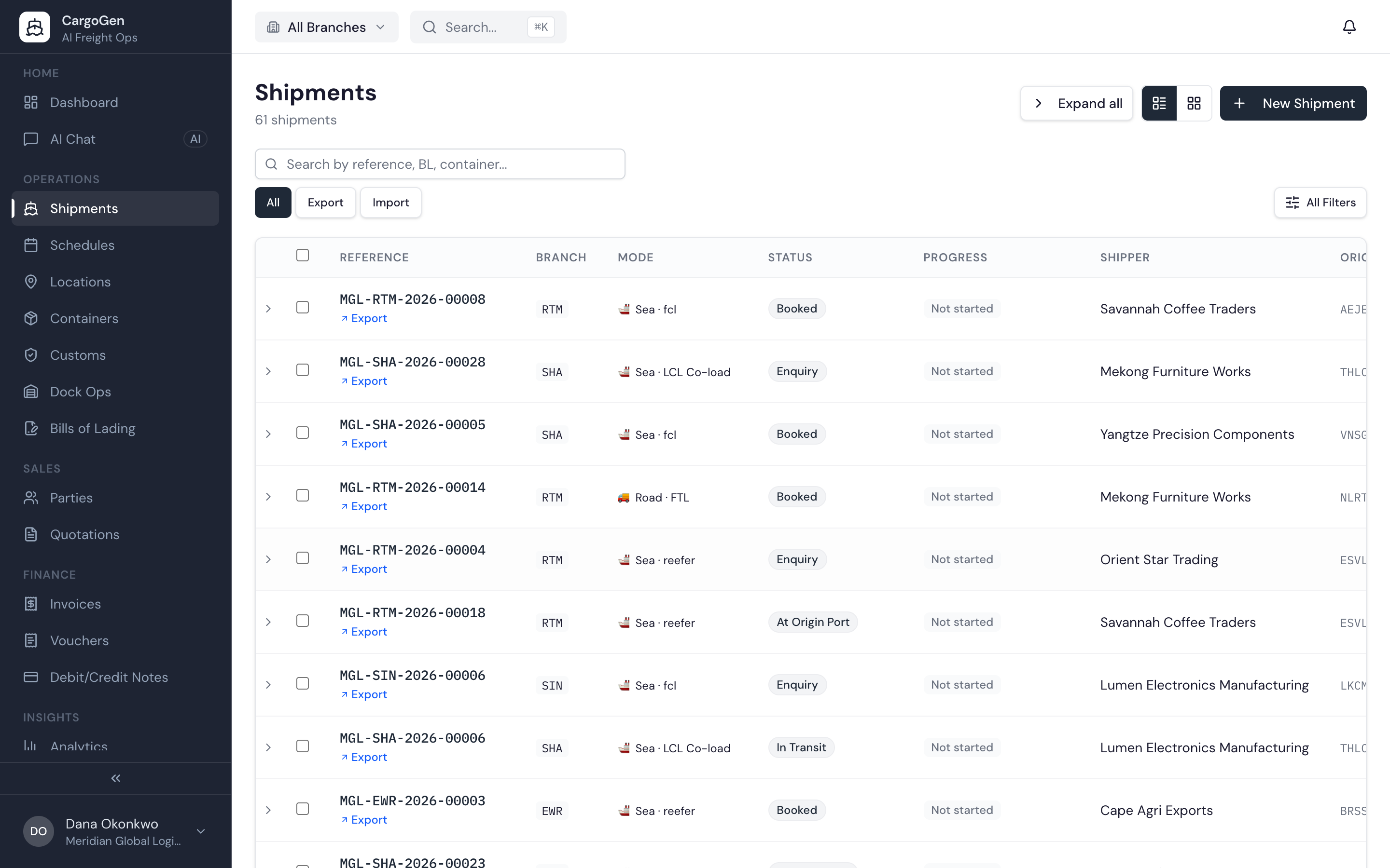 CargoGen Shipments screen